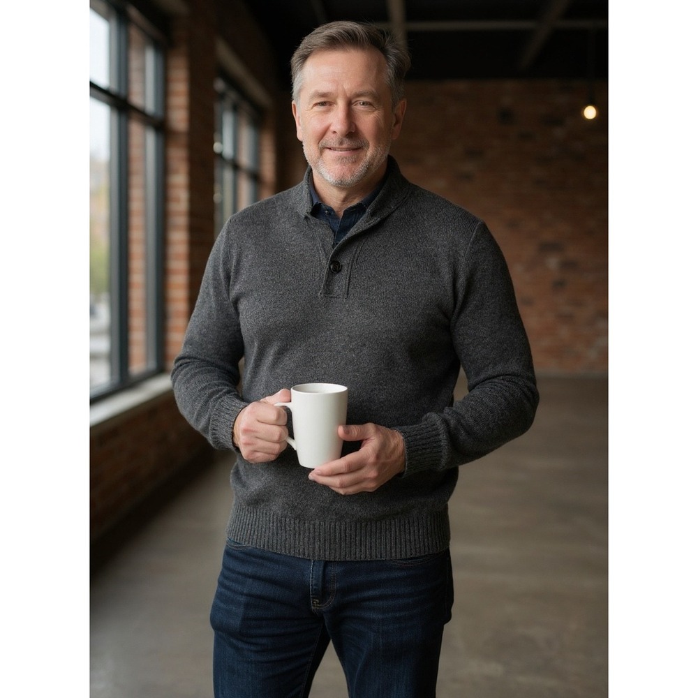 Pronto Uomo Mens Sweater XL Gray 100%‎ Wool Shawl Button Neck Pullover Knitwear